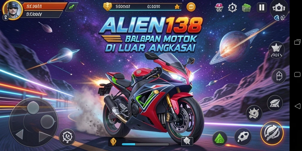 Tampilan gameplay menegangkan di ALIEN138 dengan aksi balapan motor luar angkasa.