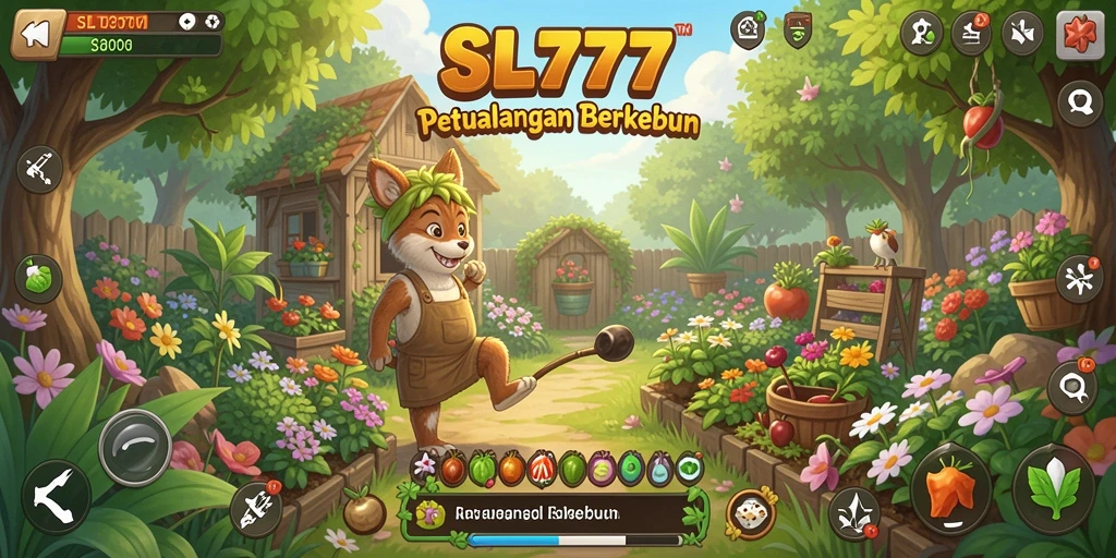 Tangkapan layar gameplay SL777 menampilkan kebun yang subur dan aktivitas pertanian yang dinamis.